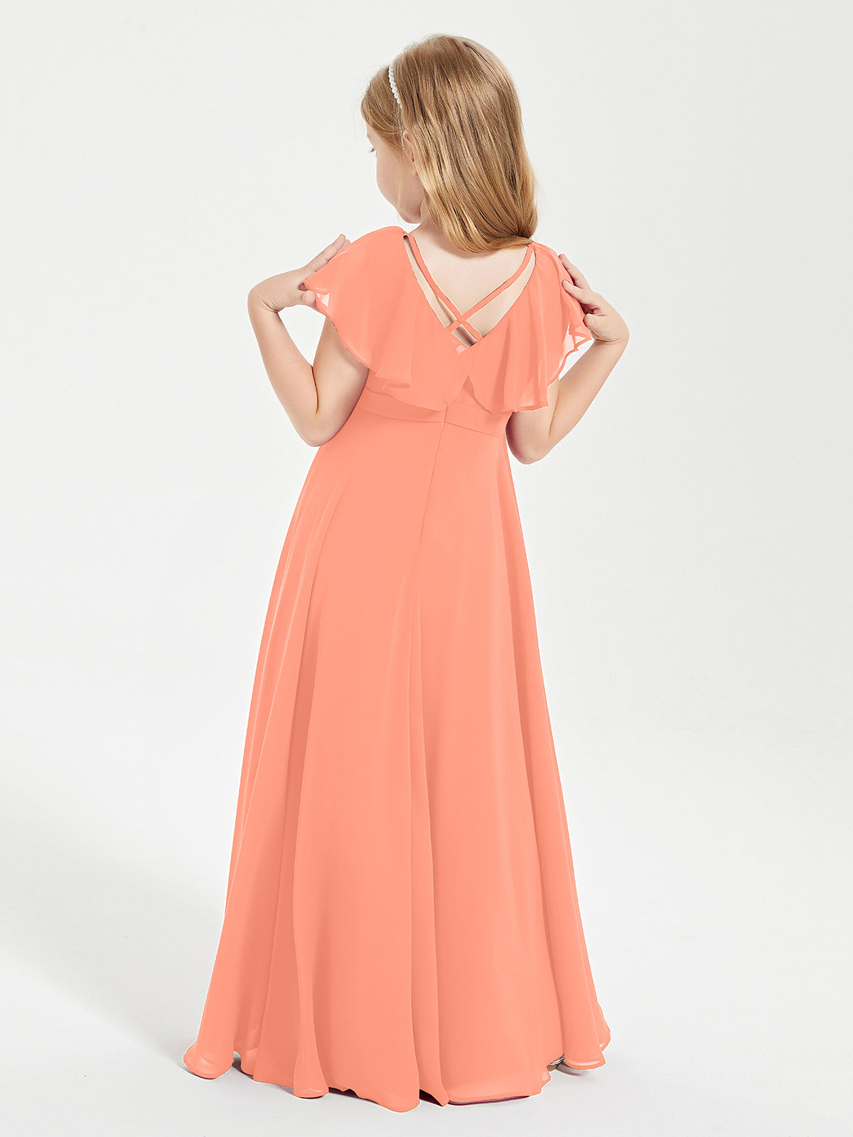 Delicate Chiffon Junior Bridesmaid Gown Flutter Sleeves V-neck Sunset
